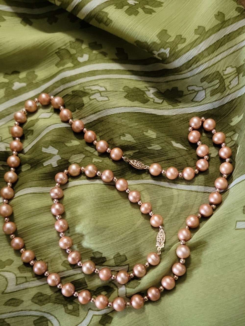 Classic Champagne Freshwater Pearl Necklace With 14kt Gold Spacers and Bracelet